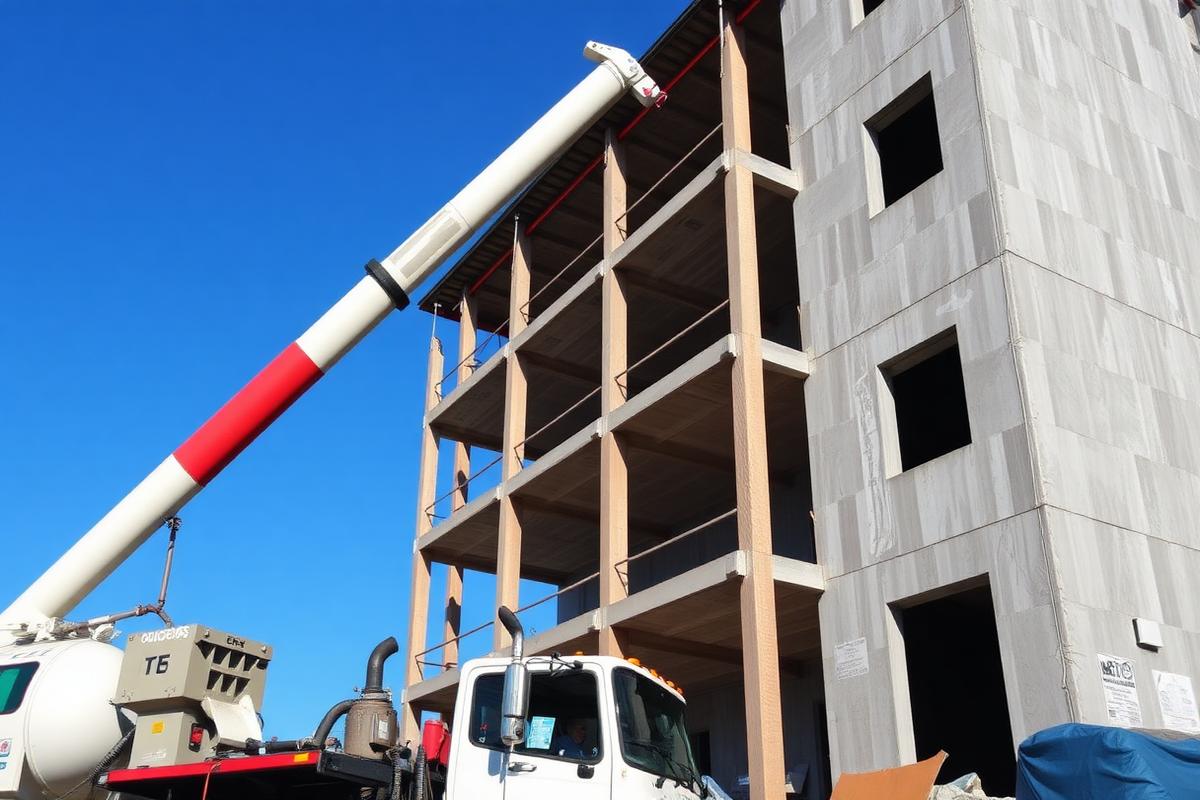 Bomba lança de concreto atendendo laje de prédio em construção